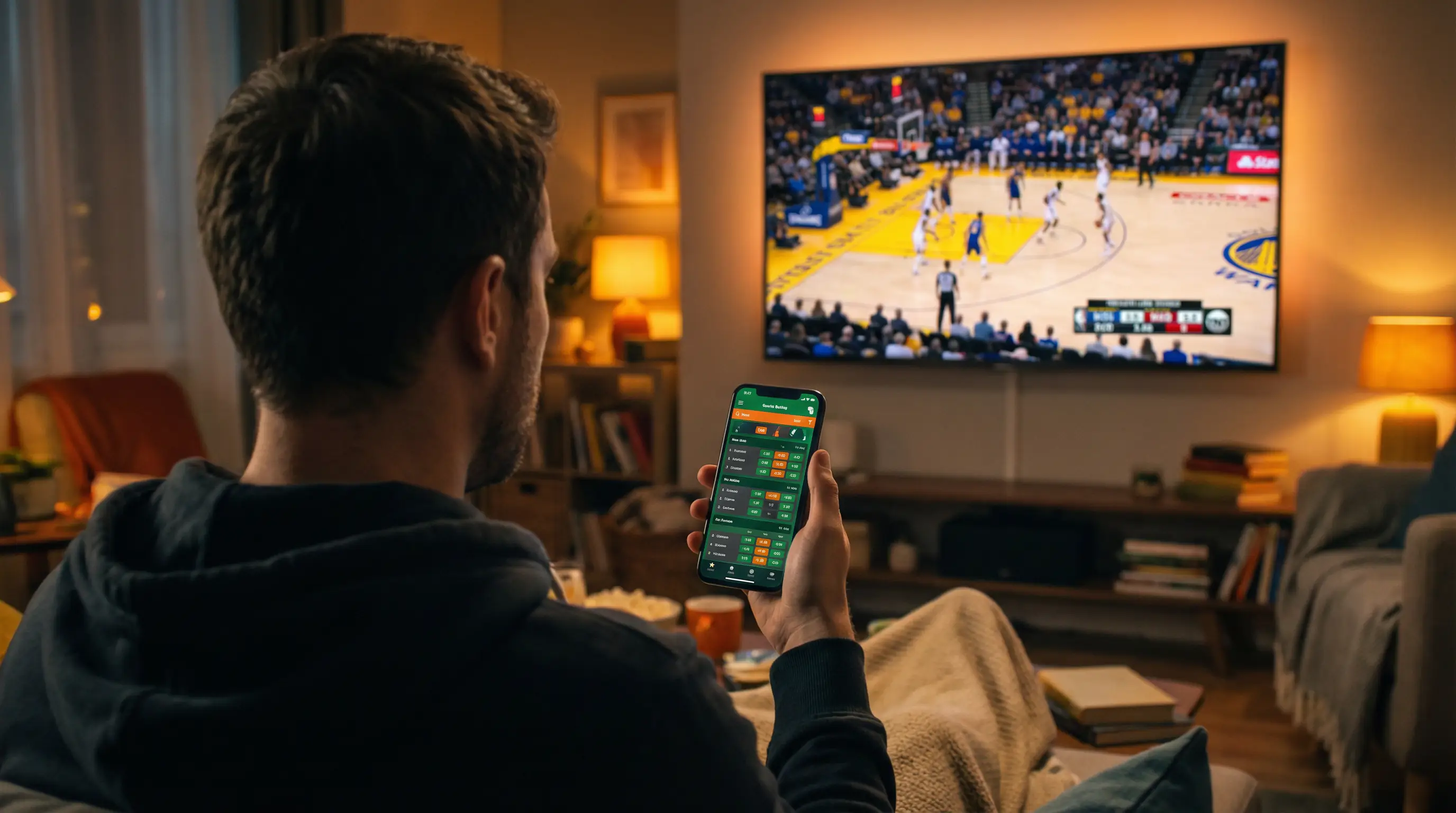 Adepto a acompanhar jogo de basquetebol no telemóvel com spread ao vivo
