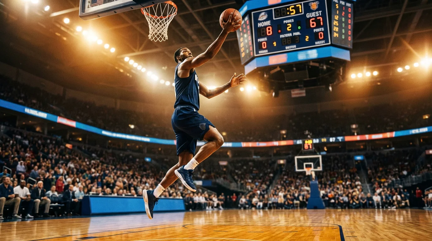 Jogador de basquetebol em lance de jogo com painel de resultados ao fundo