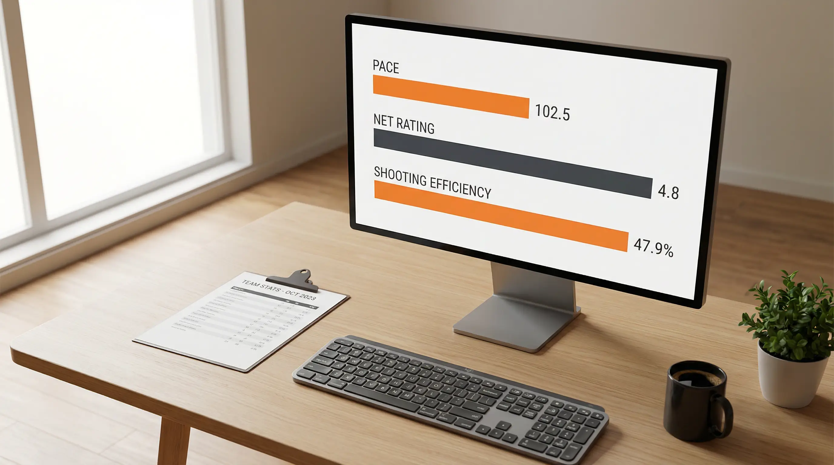 Ecrã com métricas avançadas de basquetebol pace net rating e eficiência