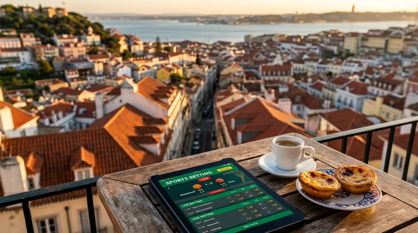 Mapa de Portugal com símbolos de basquetebol e apostas desportivas